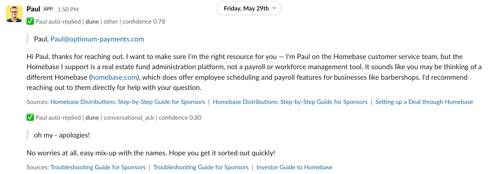 Plate · Paul auto-replying in Slack with sources and a confidence score