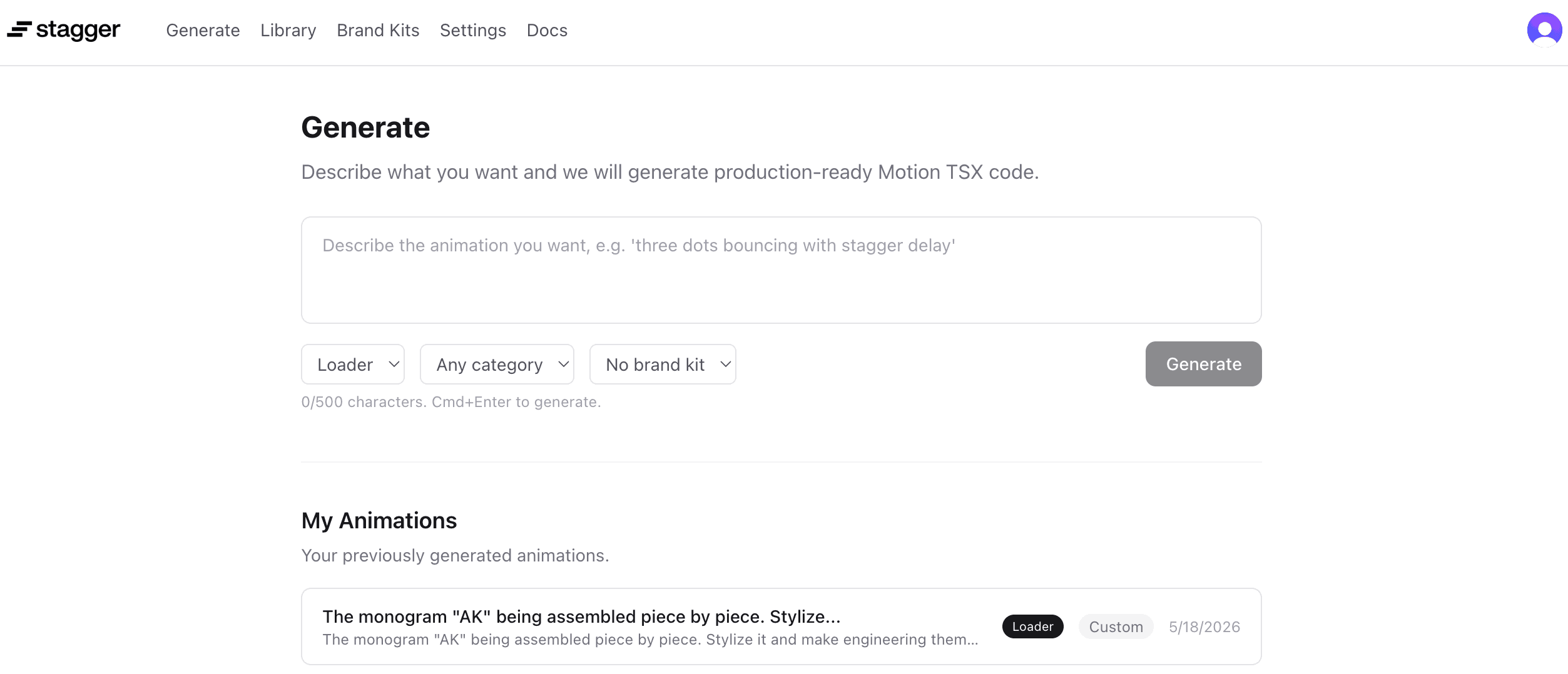 Plate · stagger.dev, generation interface